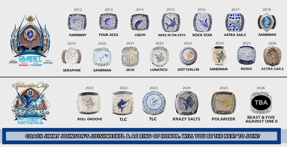 Quest for the Ring championship rings 2012 through 2026 — JJFishWeek FL and AC Ring of Honor